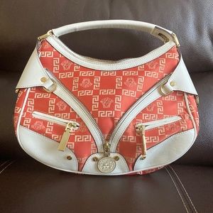 VERSACE RED LOGO AND MEDUSA HEAD ZIP SHOULDER BAG, new condition